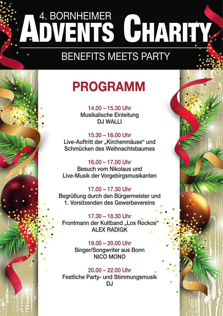 Plakat der 4. Bornheimer Advents Charity mit dem Bühnenprogramm am 28. November 2026